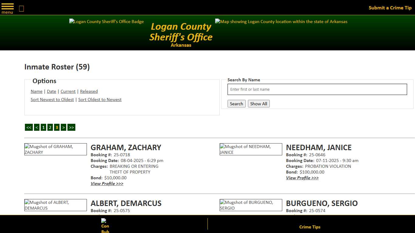 Inmate Roster - Page 3 Current Inmates Booking Date Descending - Logan County Sheriff's Office, Arkansas