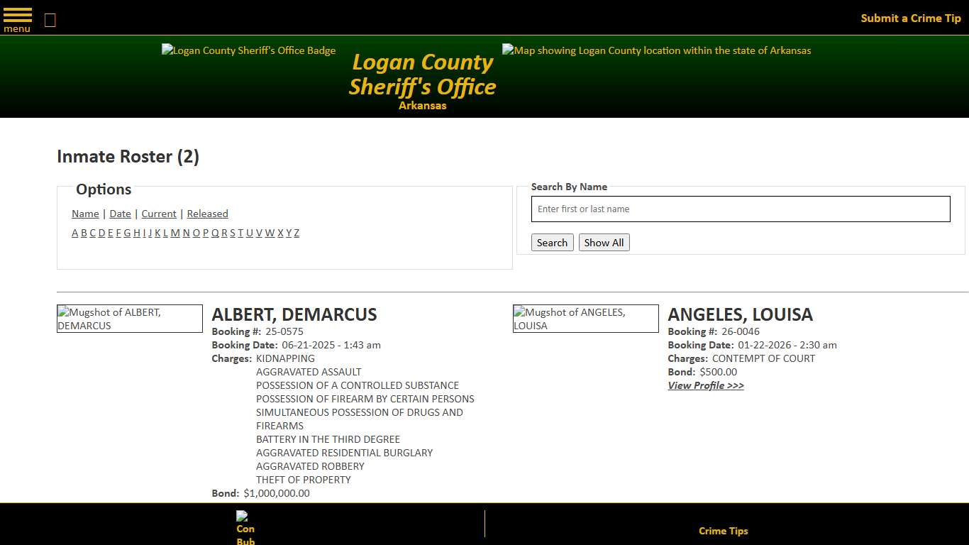 Inmate Roster - Current Inmates Alpha A - Logan County Sheriff's Office, Arkansas